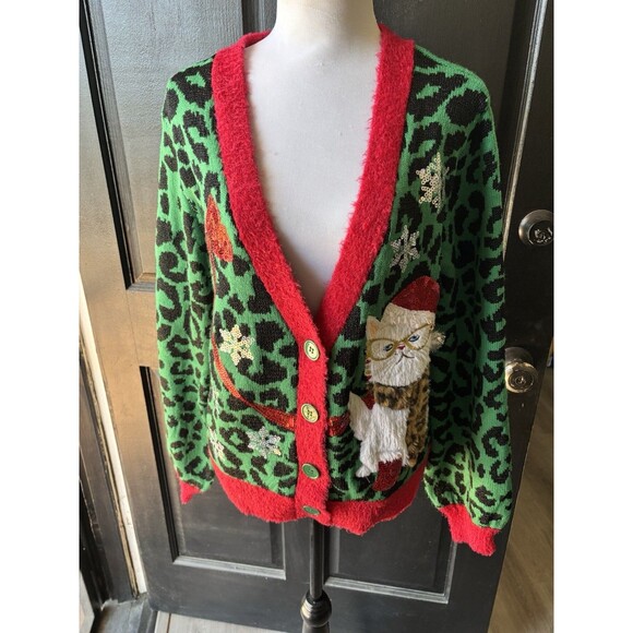 Cat Ugly Christmas Cardigan Sweater Bow Snow Sequins Green Animal Leopard Print - Picture 1 of 9